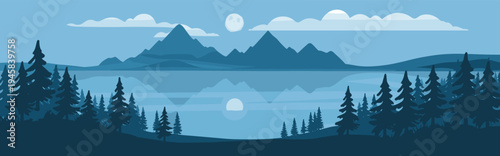 Blue mountain landscape with lake reflection and pine forest at night under full moon for cad drawing flat vector illustration
