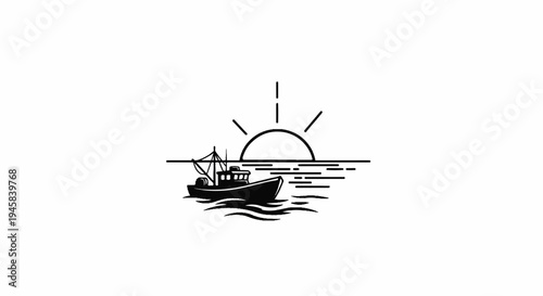 Fishing boat sailing on water with a sunrise in the background