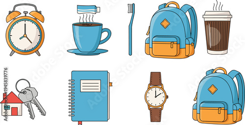 Set of morning routine and daily essentials icons featuring alarm clock coffee cup backpack toothbrush house keys and wristwatch in colorful cartoon style.