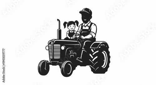 Farmer and child on a tractor, vintage illustration, black and white