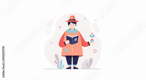Person with hat reading a book and holding a potted plant with abstract shapes