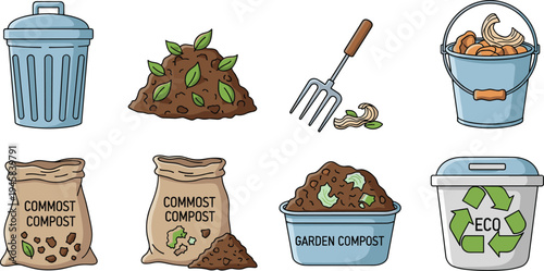 Set of organic garden compost icons featuring fertilizer bags waste bins pitchforks and piles of humus in colorful cartoon style for eco-friendly gardening.
