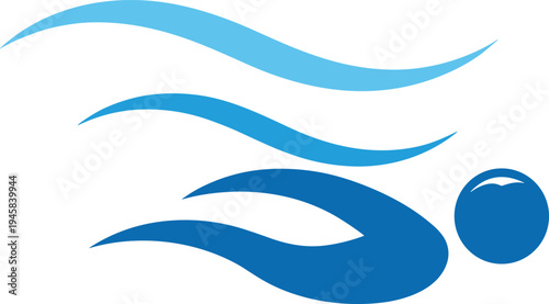 Blue swimmer silhouette with water waves, athletic person swimming icon, aquatic sports logo, pool recreation, cad drawing flat vector illustration