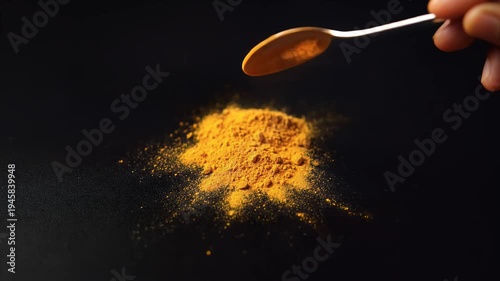 Turmeric Powder Pouring Yellow Spice Black Background