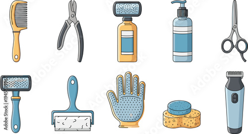 Set of pet grooming tools featuring brushes combs nail clippers shampoo bottles hair clippers and lint rollers in colorful cartoon style.