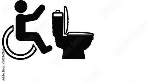 Icon of person in wheelchair near open toilet, indicating accessible restroom