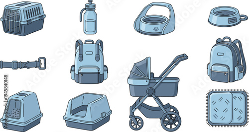 Set of pet travel and care accessories featuring a carrier, stroller, backpack, litter box, and feeding bowls in blue cartoon style for animal products design.