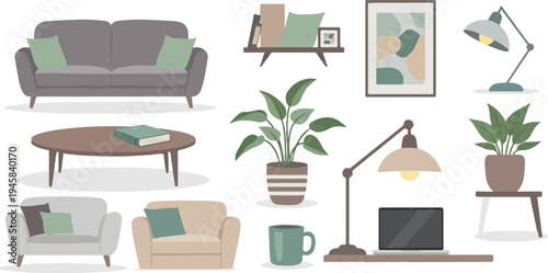 Cozy living room interior with furniture, plants, and artwork