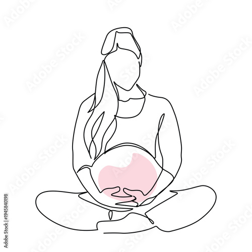 Pregnant woman meditating holding her belly one line drawing. Pregnant woman meditating holding her belly single line illustration. Pregnant woman meditating holding her belly minimalist line art