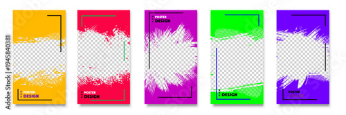 Colorful Poster Design Templates Set - Vibrant Brush Stroke Layouts with Halftone Dots and Geometric Frames in Yellow Red Purple Green Blue