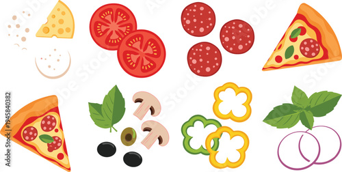 Set of pizza ingredients and slices featuring pepperoni tomato slices cheese bell peppers mushrooms and olives in colorful flat cartoon style for food design.