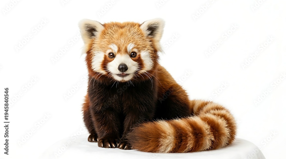 Obraz premium A red panda sitting on a white surface, looking directly at the camera with a curious expression