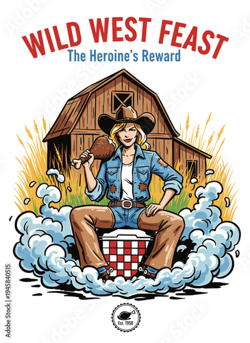 Texas Smokehouse Queen slicing brisket, retro pop art style cowgirl chef mascot holding knife, vector illustration for BBQ restaurant.