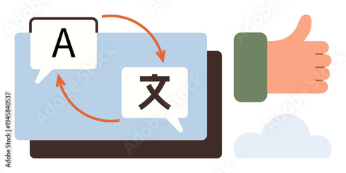 Language learning, global communication, translation services, linguistic support, user satisfaction, cross-cultural connection. Speech bubbles with text and thumbs up sign. Language learning