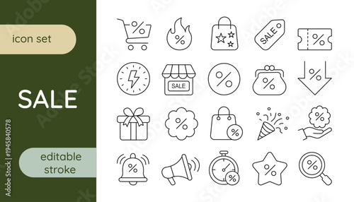 A set of line icons related to sales