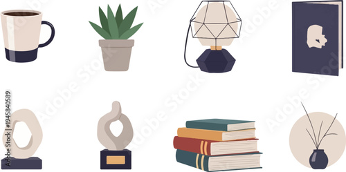 Cozy home objects a mug, plant, lamp, book, sculptures, books, and diffuser