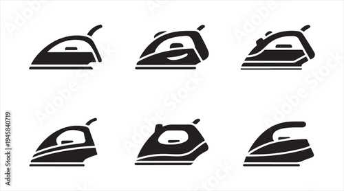 Clothes iron silhouette icon set, laundry steam ironing appliance symbols collection