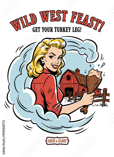 Smokehouse Queen stacking premium brisket, retro female pitmaster culinary vector illustration for authentic barbecue restaurant menu.