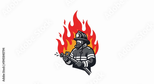 Firefighter sprays water from hose amidst roaring flames