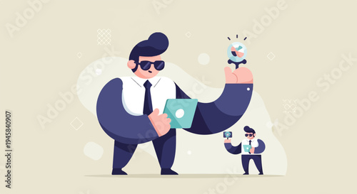 Figures in suits interacting with technology and a symbolic object