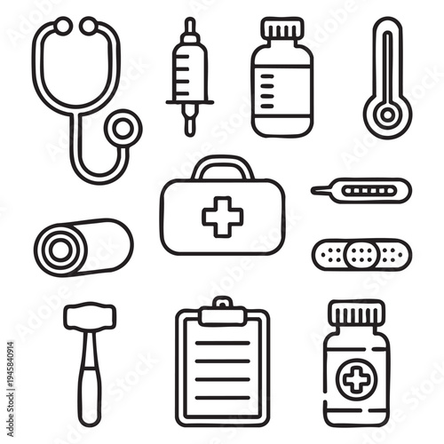Set of black and white medical including stethoscope syringe thermometer and first aid kit
