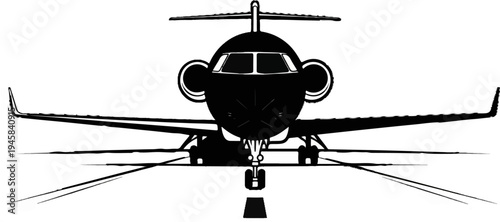 Frontal view of a sleek, modern private jet on a runway, starkly depicted in black and white