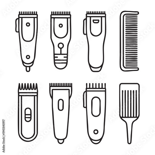 Set of eight black and white hair clippers and combs in a line up grooming tools barber tools