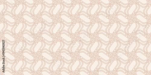 Vector seamless pattern with subtle star lattice and unusual linear mesh. Beige texture with quirky outline waves, flowing grid net design. Delicate neutral background for fabric, decor, wrap, textile