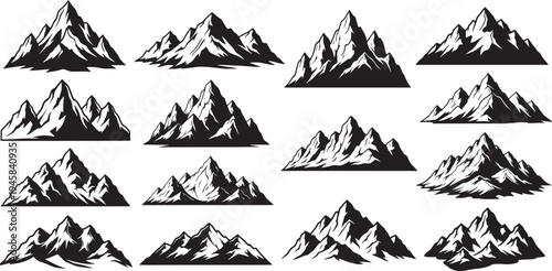 Diverse collection of stylized mountain illustrations, featuring rugged and majestic peak designs in a monochrome graphic style, ideal for outdoor adventure and nature-themed projects