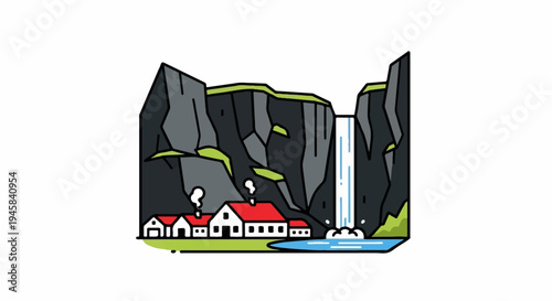 Idyllic village nestled by a dramatic waterfall cascading between sheer cliffs