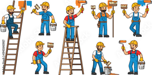 Set of professional house painter mascot characters in various poses featuring painters on ladders with rollers brushes and paint buckets in colorful cartoon style.