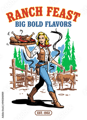 Retro female chef carving smoked brisket, vintage western comic book style illustration for steakhouse logo design.