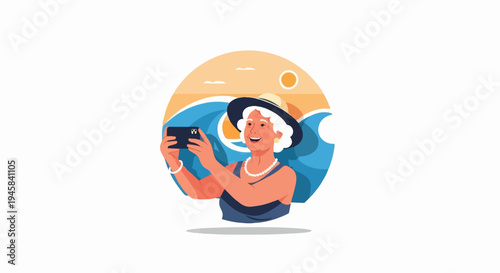 Elderly woman with a hat taking a selfie by the ocean