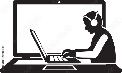 Vector illustration of a person wearing headphones working on a laptop