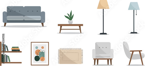 Modern living room furniture collection couch, tables, lamps, and chairs