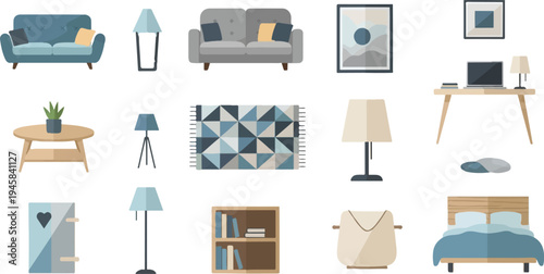 Collection of flat design furniture and decor items for interior visualization