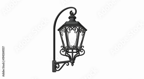 Ornate black metal wall-mounted lantern with a curved arm and scrollwork