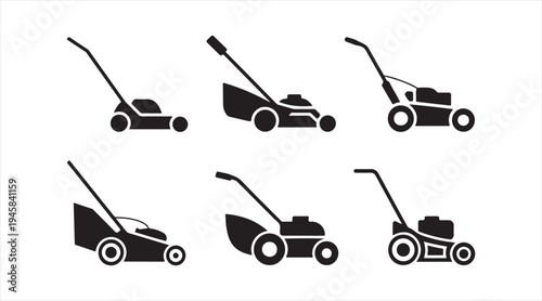 Garden lawn mower machine symbol collection, minimal landscaping equipment icons