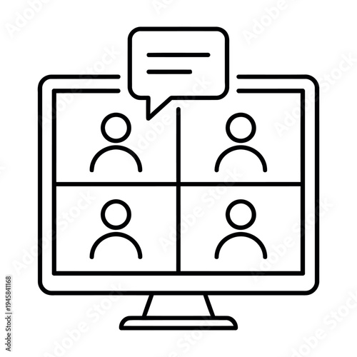 Video conference call icon showing four participants on a computer screen.