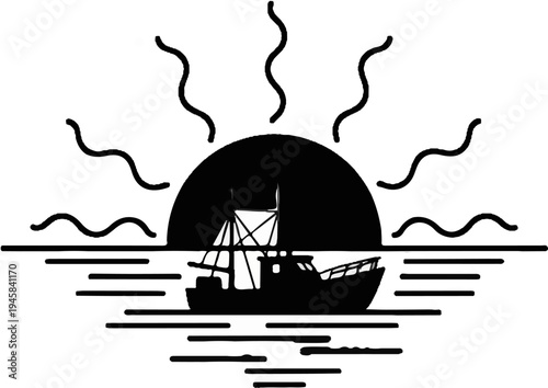 Fishing boat silhouette against a setting sun over rippling water