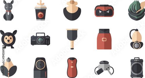Collection of flat design icons featuring various objects and animals