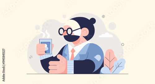 Person in suit and mask holding a hot beverage with steam