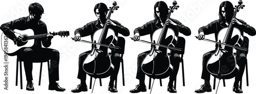 Black and white vector illustration of a male musician playing acoustic guitar sitting next to three cellists in string ensemble