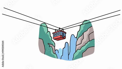 Colorful cable car ascends between verdant, rocky peaks over a waterfall