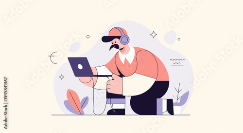 Person wearing headphones, working on a laptop, with abstract shapes