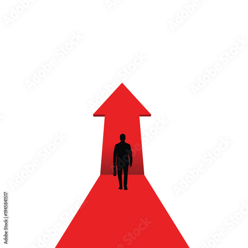 Businessman Walking Toward Giant Red Arrow Symbolizing Business Growth Direction