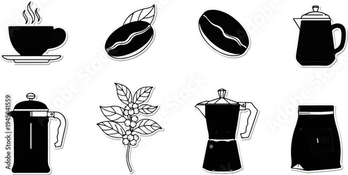 Collection of stylized coffee-related icons, including a steaming cup, beans, and brewing equipment