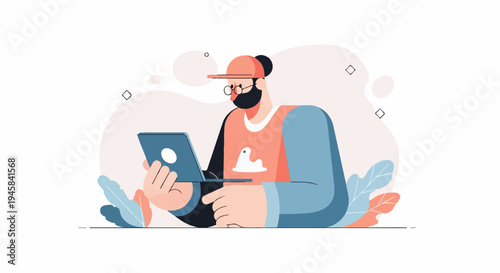 Man in cap and glasses using laptop with plants and abstract shapes