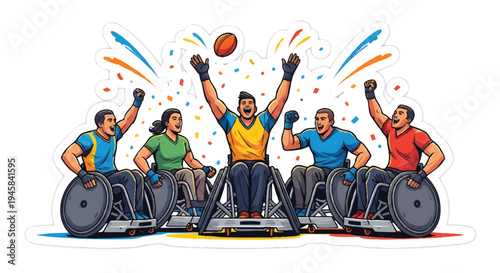 Diverse group of people in wheelchairs celebrating with a ball
