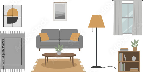 Minimalist living room interior with sofa, coffee table, rug, and decor